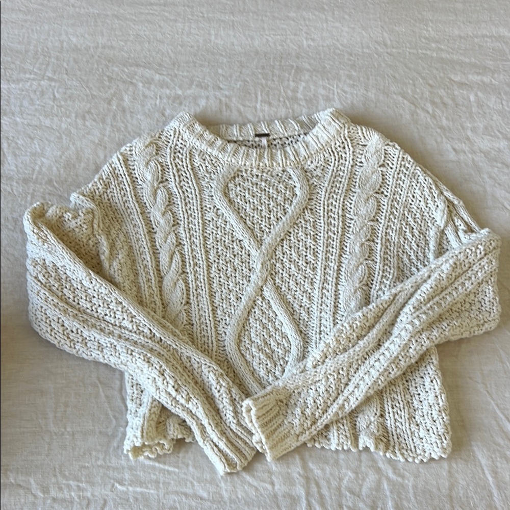 Free People Cream Chunky Knit Crew Neck Sweater